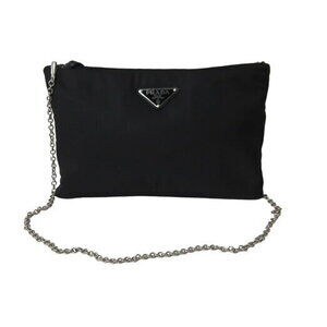 Prada Shoulder Bag Black Logo Silver Chain Nylon Leather